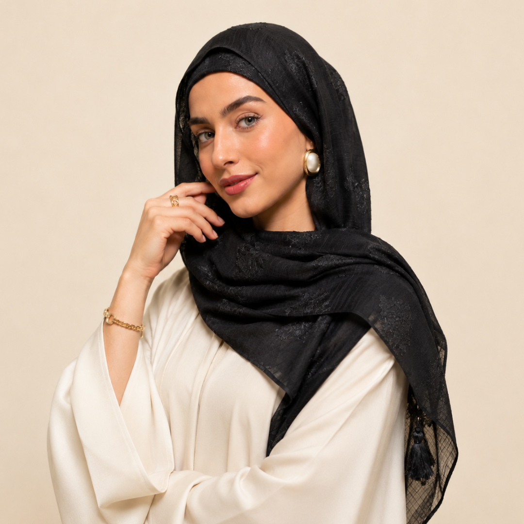 Black Embossed Chiffon Hijab